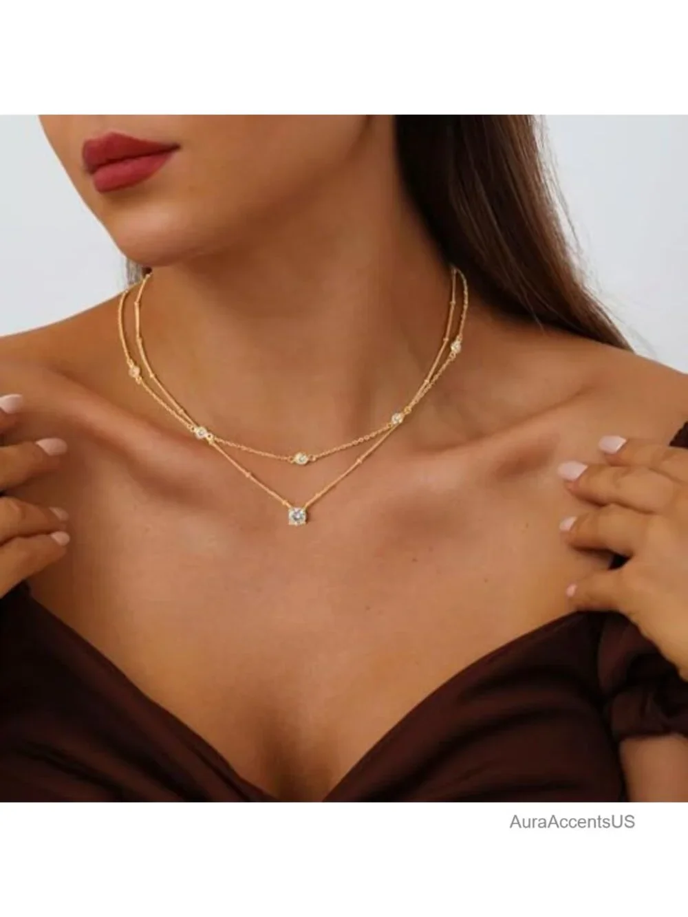 Layered 14K Gold Plated CZ Necklace Set Dainty Pendant Choker